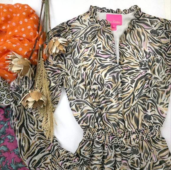 New Lilly Pulitzer Pink Tiger Print Gold Metallic Striped Sheer Maxi Dress Sz 2 - Picture 11 of 13